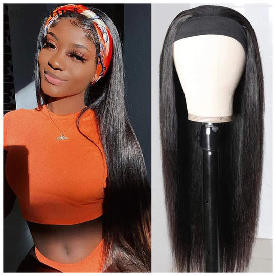 100% HUMAN Brazilian Hair Straight Headband Wigs Glueless None Lace Machine Made Wig