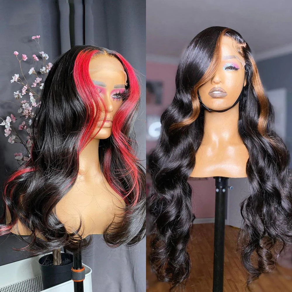 Wine Red Burgundy Color Skunk Stripe Straight Human Hair Lace Front Wigs Regular price