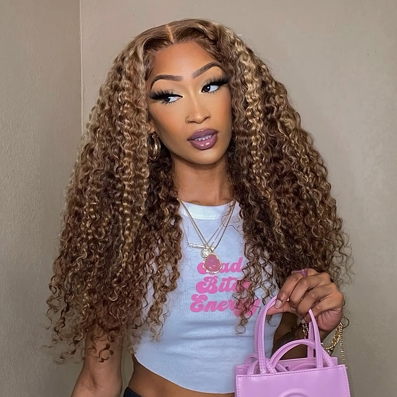 Highlight Color Water Curly Human Hair Lace Front Wig Piano Color Ombre Honey Blonde Human Hair 13x4 Lace Wig