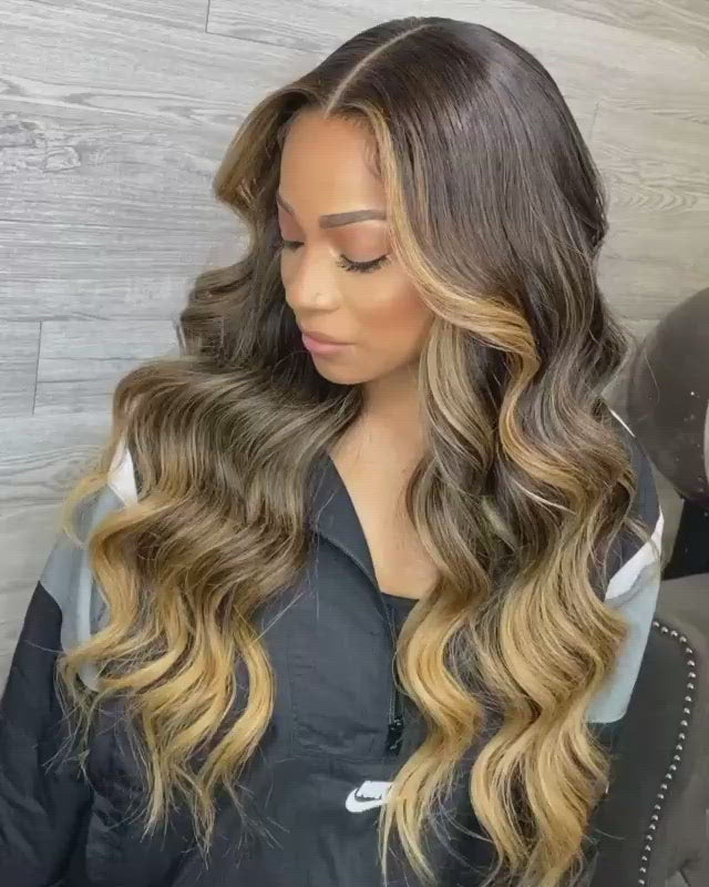 Honey Blonde Highlight P4/27 Color Body Wave 13x4 Front Lace Human Hair Wigs 150% Density